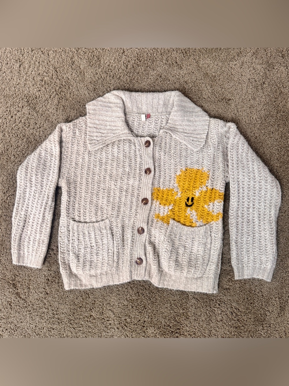 Anthropologie Pilcro Cream Knit Cardigan with Yellow Flower Motif
